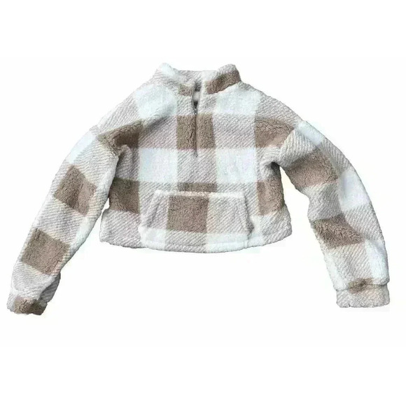 Kangaroo Pocket Buffalo Plaid Teddy Pullover Size Large Cropped Neutral - Picture 1 of 5